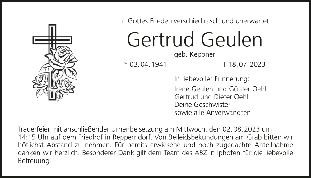  Traueranzeige für Gertrud Geulen vom 29.07.2023 aus MGO