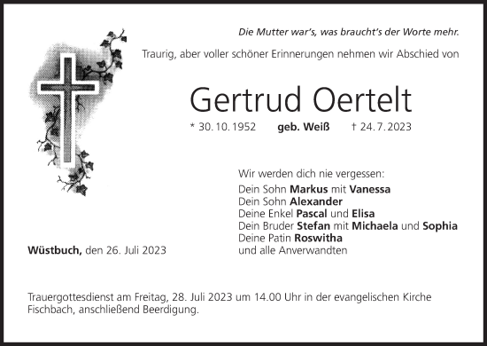 Anzeige von Gertrud Oertelt von MGO