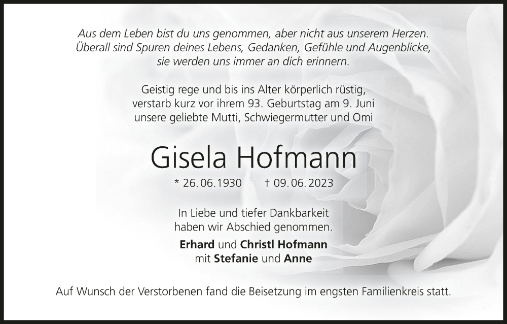  Traueranzeige für Gisela Hofmann vom 01.07.2023 aus MGO