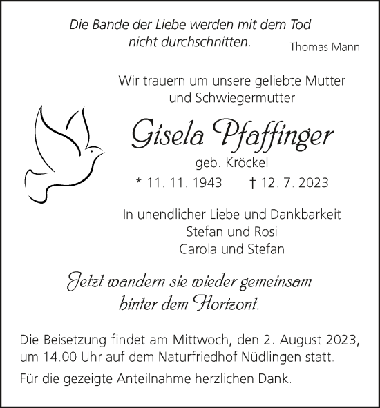 Anzeige von Gisela Pfaffinger von MGO