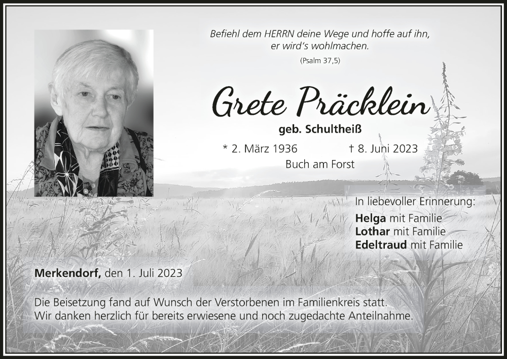  Traueranzeige für Grete Präcklein vom 01.07.2023 aus MGO
