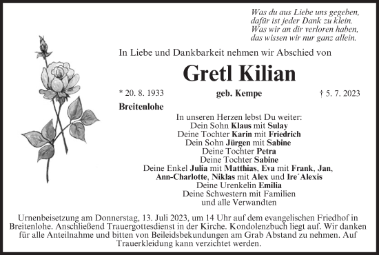 Anzeige von Gretl Kilian von MGO