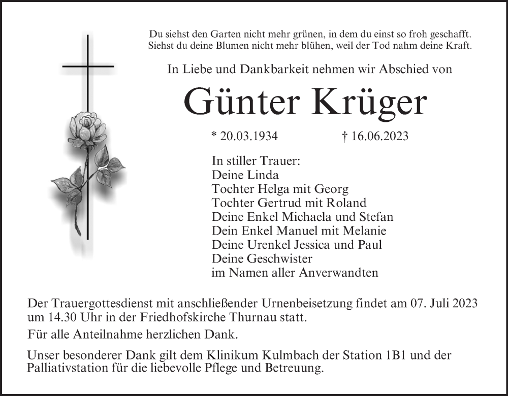  Traueranzeige für Günter Krüger vom 04.07.2023 aus MGO