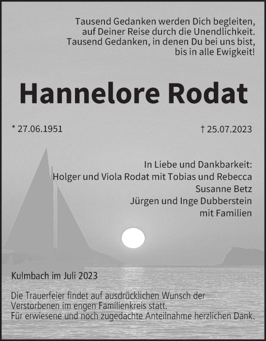 Anzeige von Hannelore Rodat von MGO