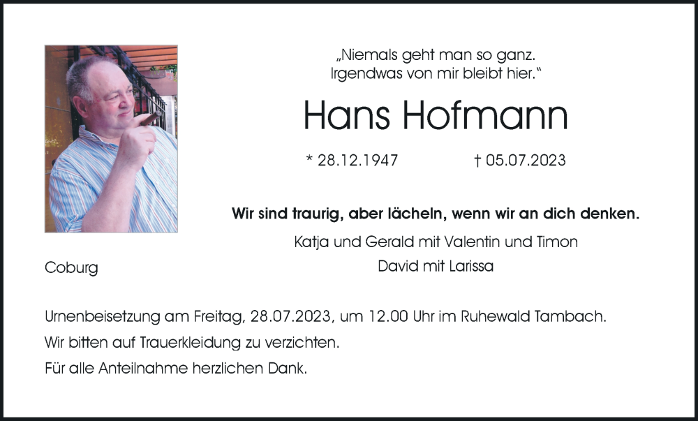  Traueranzeige für Hans Hofmann vom 22.07.2023 aus MGO