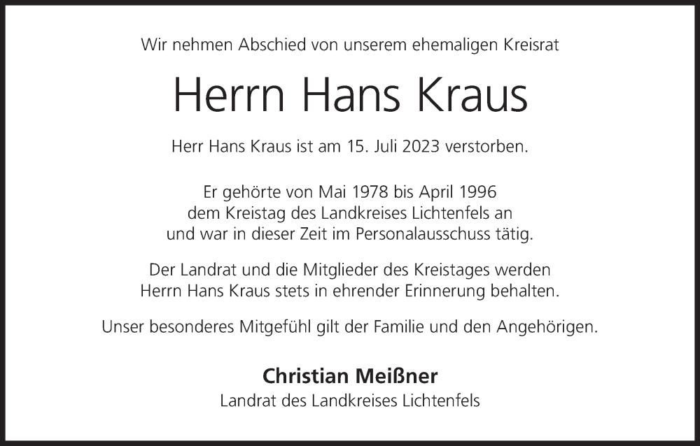  Traueranzeige für Hans Kraus vom 28.07.2023 aus MGO