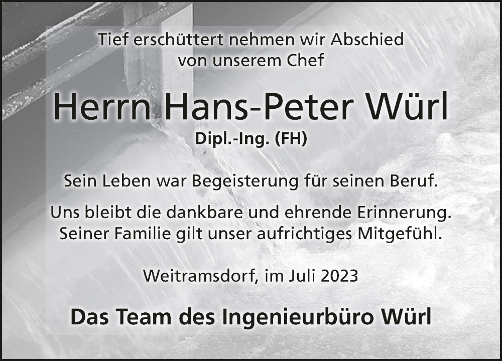  Traueranzeige für Hans-Peter Würl vom 15.07.2023 aus MGO