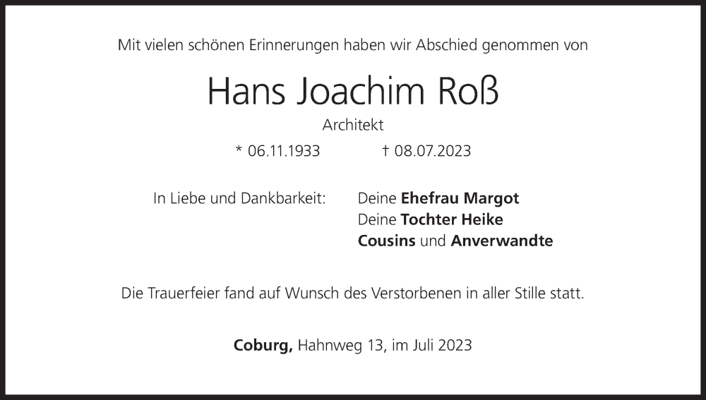  Traueranzeige für Hans Joachim Roß vom 19.07.2023 aus MGO