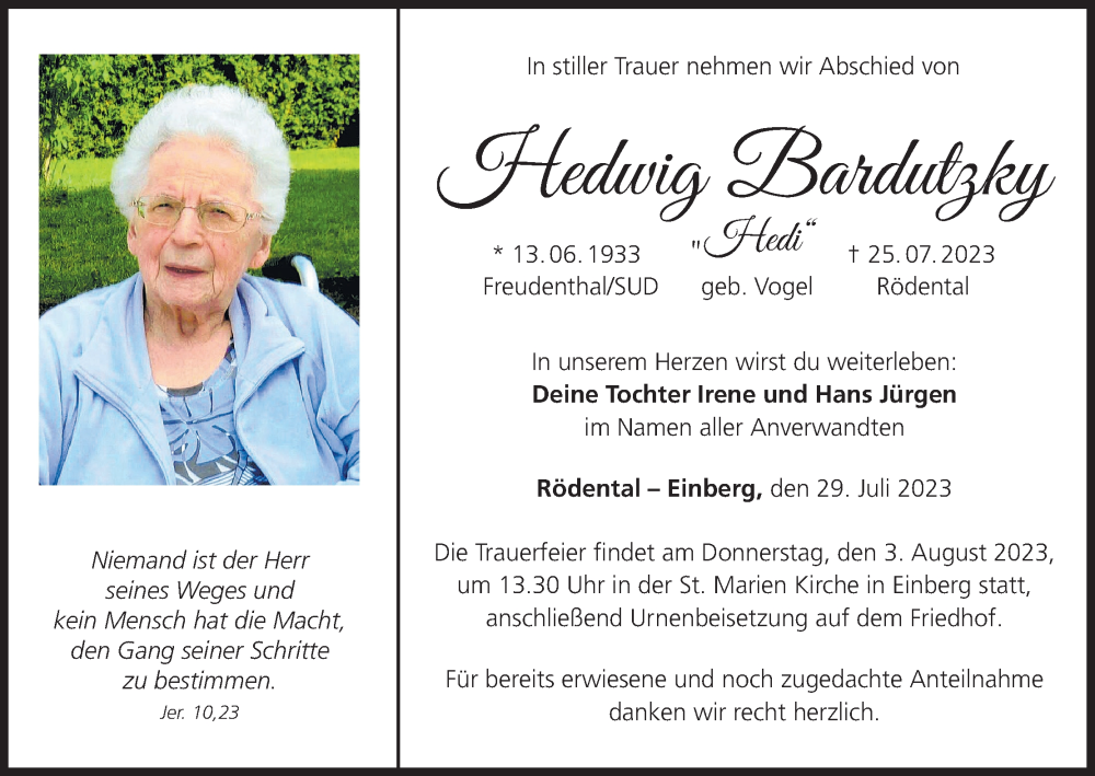  Traueranzeige für Hedwig Bardutzky vom 29.07.2023 aus MGO