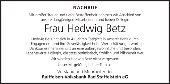 Anzeige von Hedwig Betz von MGO