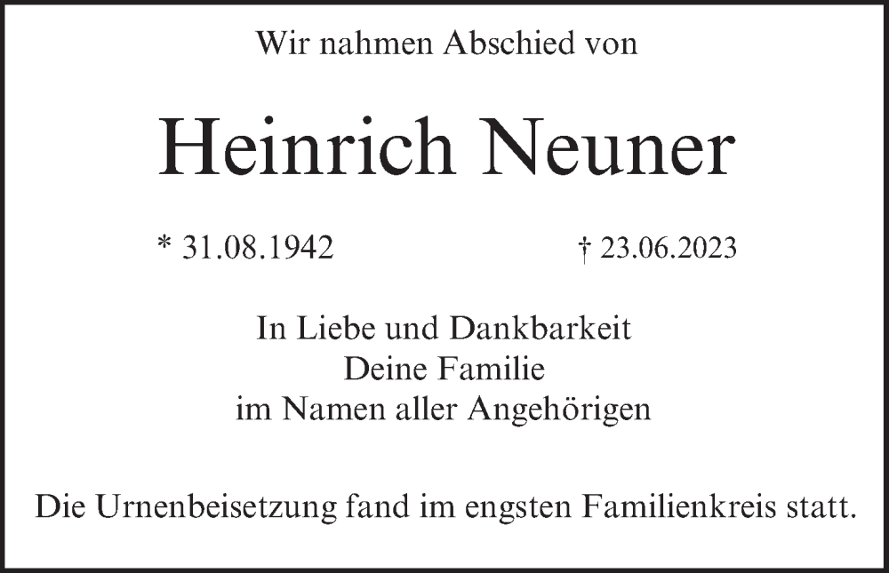  Traueranzeige für Heinrich Neuner vom 22.07.2023 aus MGO