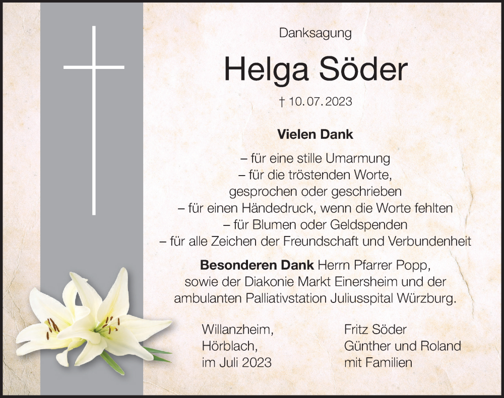  Traueranzeige für Helga Söder vom 22.07.2023 aus MGO