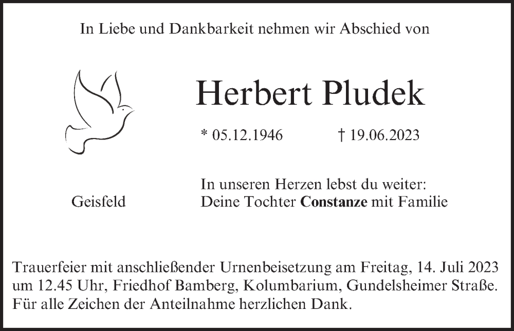  Traueranzeige für Herbert Pludek vom 08.07.2023 aus MGO
