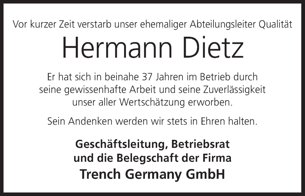  Traueranzeige für Hermann Dietz vom 22.07.2023 aus MGO