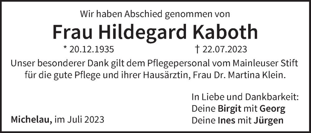  Traueranzeige für Hildegard Kaboth vom 29.07.2023 aus MGO