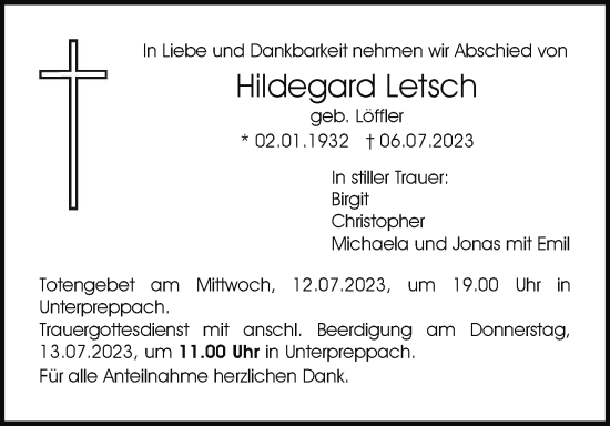 Anzeige von Hildegard Letsch von MGO