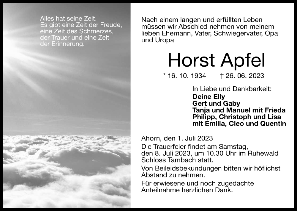  Traueranzeige für Horst Apfel vom 01.07.2023 aus MGO