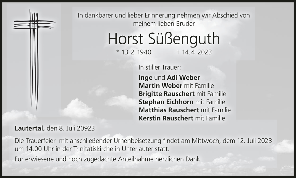  Traueranzeige für Horst Süßenguth vom 08.07.2023 aus MGO