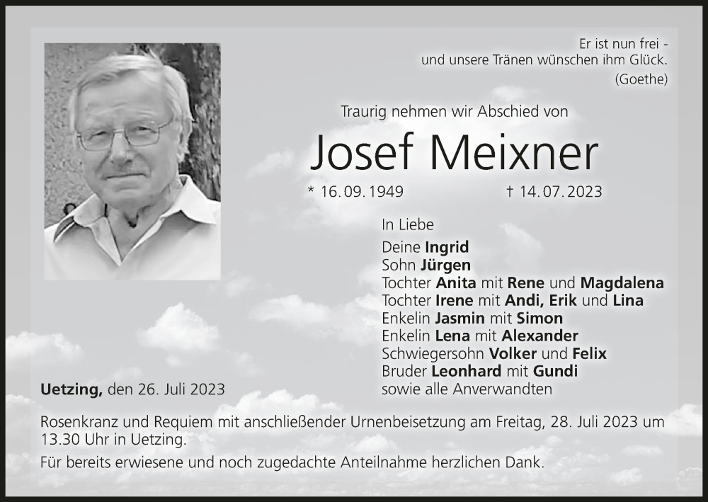  Traueranzeige für Josef Meixner vom 26.07.2023 aus MGO