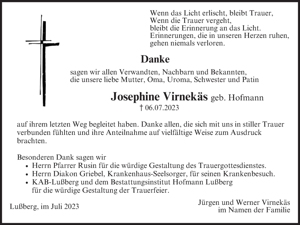  Traueranzeige für Josephine Virnekäs vom 15.07.2023 aus MGO