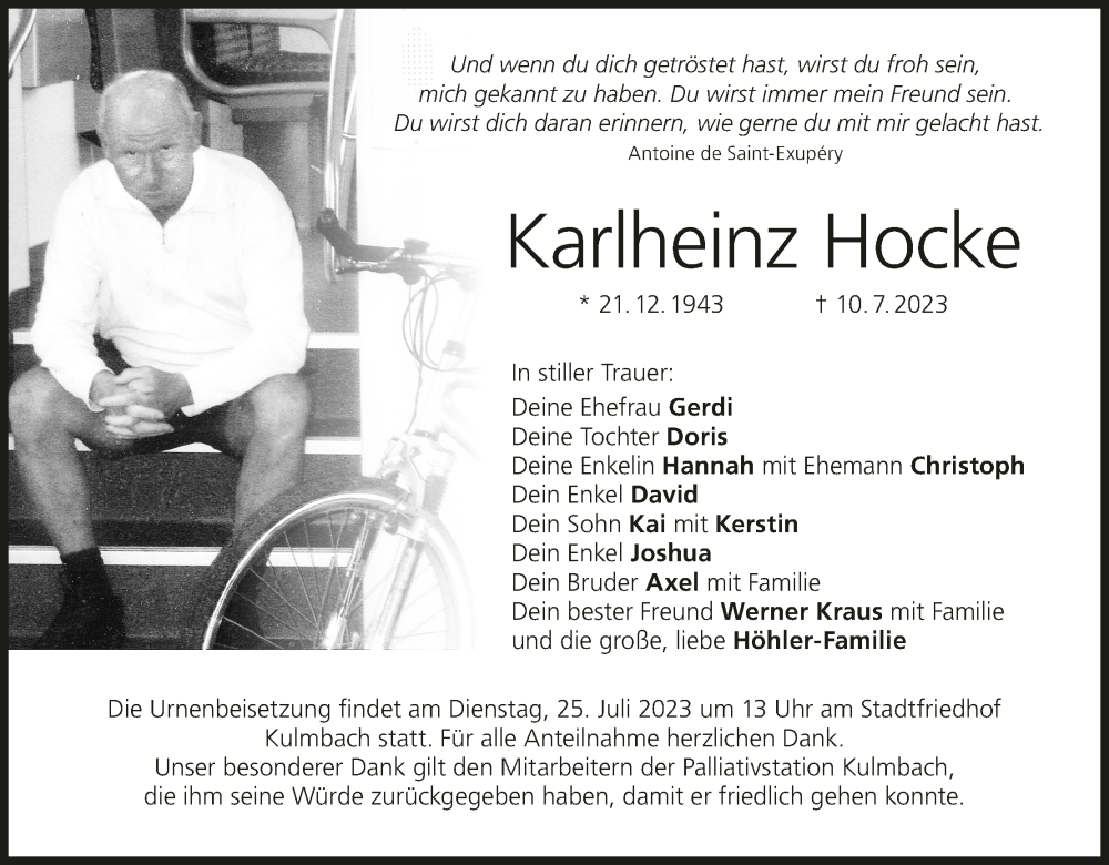  Traueranzeige für Karlheinz Hocke vom 15.07.2023 aus MGO