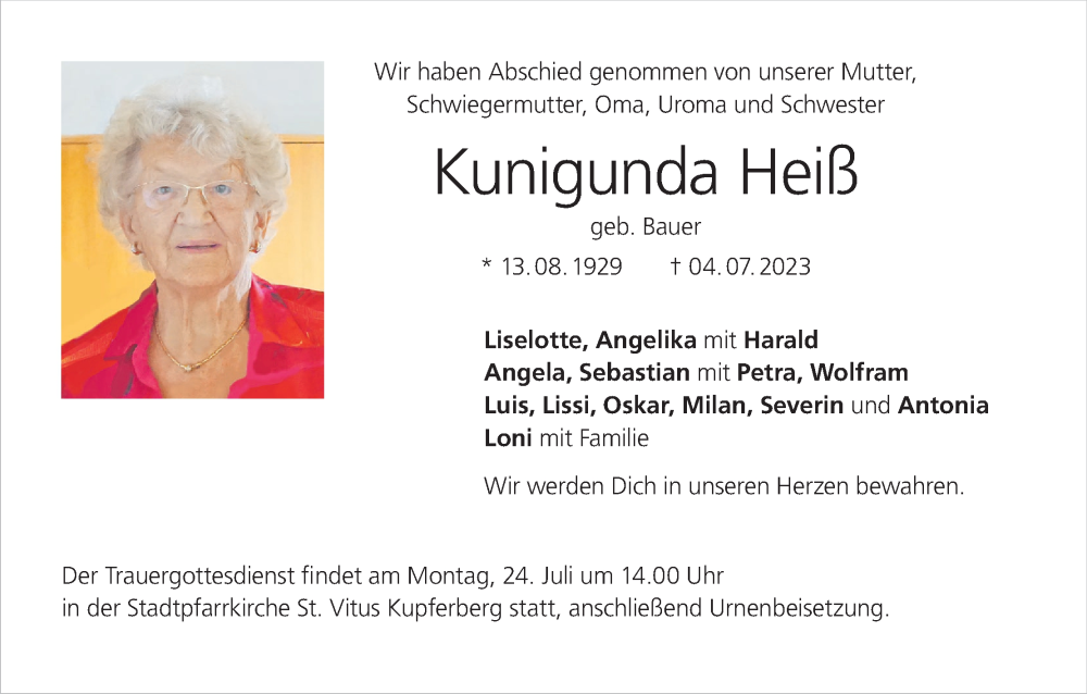  Traueranzeige für Kunigunda Heiß vom 19.07.2023 aus MGO
