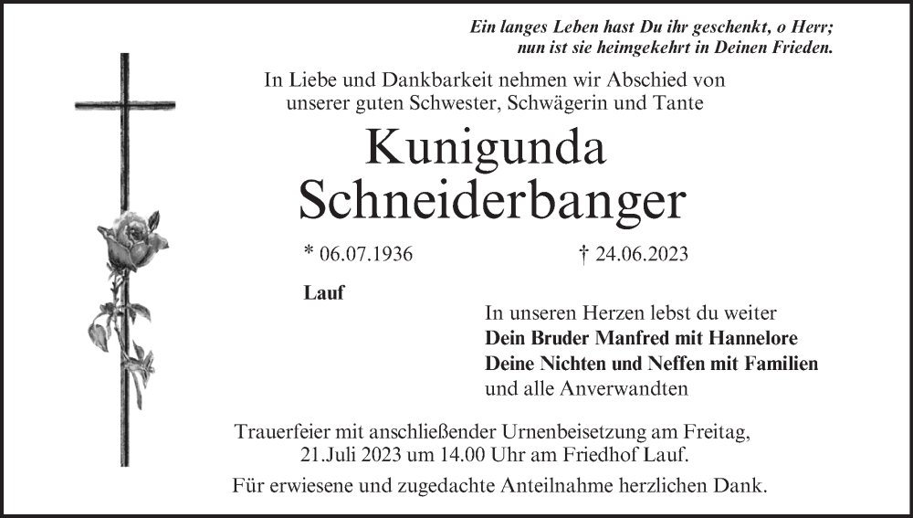  Traueranzeige für Kunigunda Schneiderbanger vom 15.07.2023 aus MGO