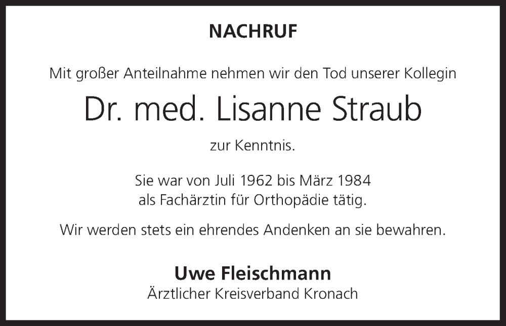  Traueranzeige für Lisanne Straub vom 29.07.2023 aus MGO