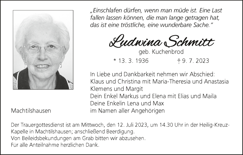  Traueranzeige für Ludwina Schmitt vom 11.07.2023 aus MGO