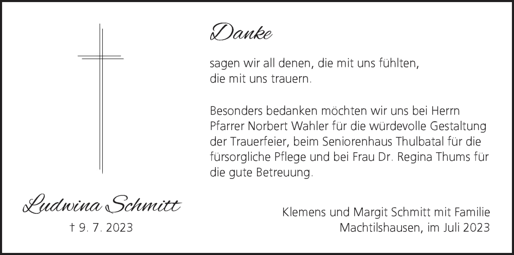  Traueranzeige für Ludwina Schmitt vom 22.07.2023 aus MGO