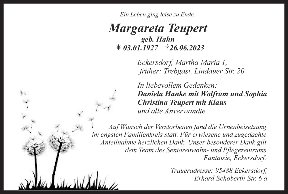  Traueranzeige für Margareta Teupert vom 29.07.2023 aus MGO