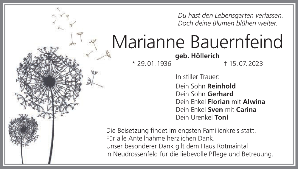  Traueranzeige für Marianne Bauernfeind vom 22.07.2023 aus MGO