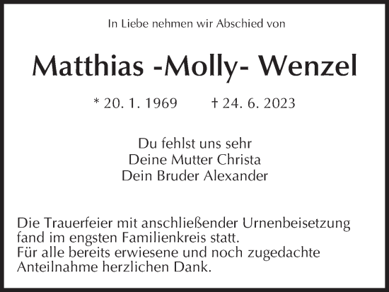 Anzeige von Matthias Wenzel von MGO