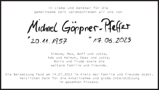 Anzeige von Michael Göppner-Pfeffer von MGO