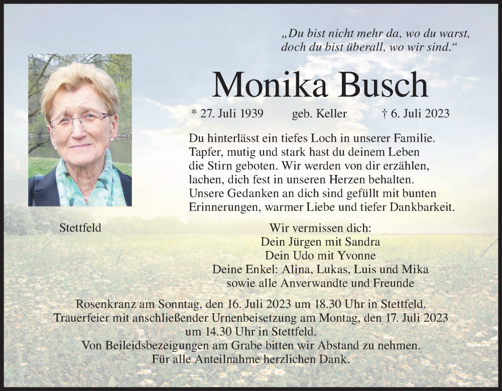  Traueranzeige für Monika Busch vom 12.07.2023 aus MGO
