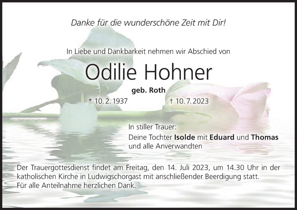  Traueranzeige für Odilie Hohner vom 13.07.2023 aus MGO