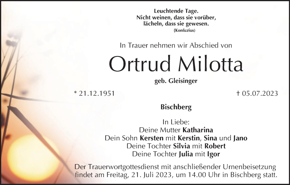  Traueranzeige für Ortrud Milotta vom 08.07.2023 aus MGO