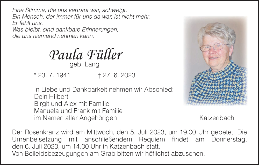  Traueranzeige für Paula Füller vom 01.07.2023 aus MGO