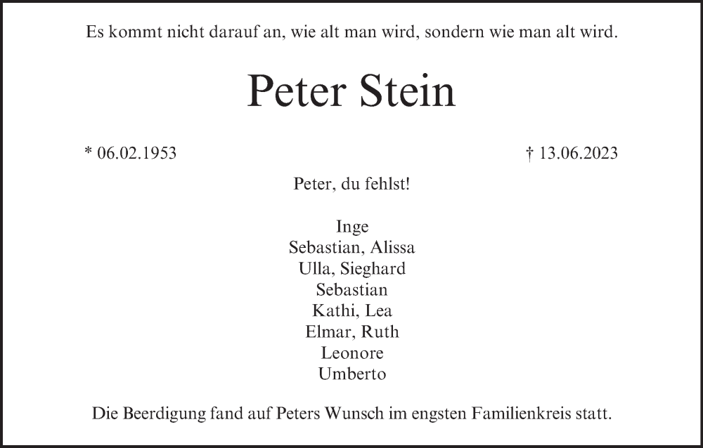  Traueranzeige für Peter Stein vom 01.07.2023 aus MGO