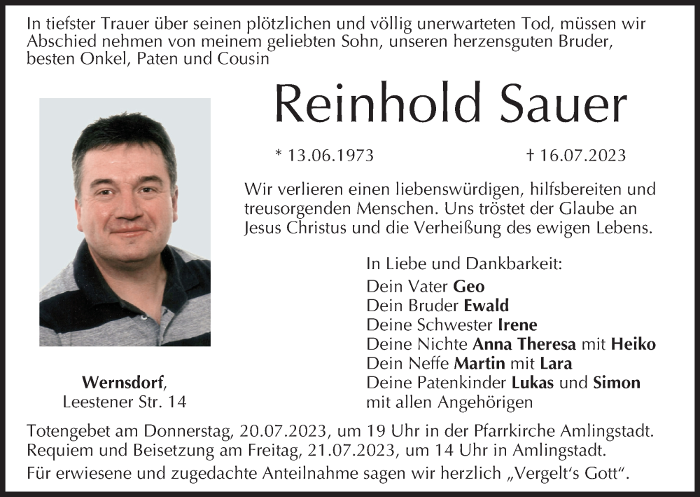  Traueranzeige für Reinhold Sauer vom 19.07.2023 aus MGO