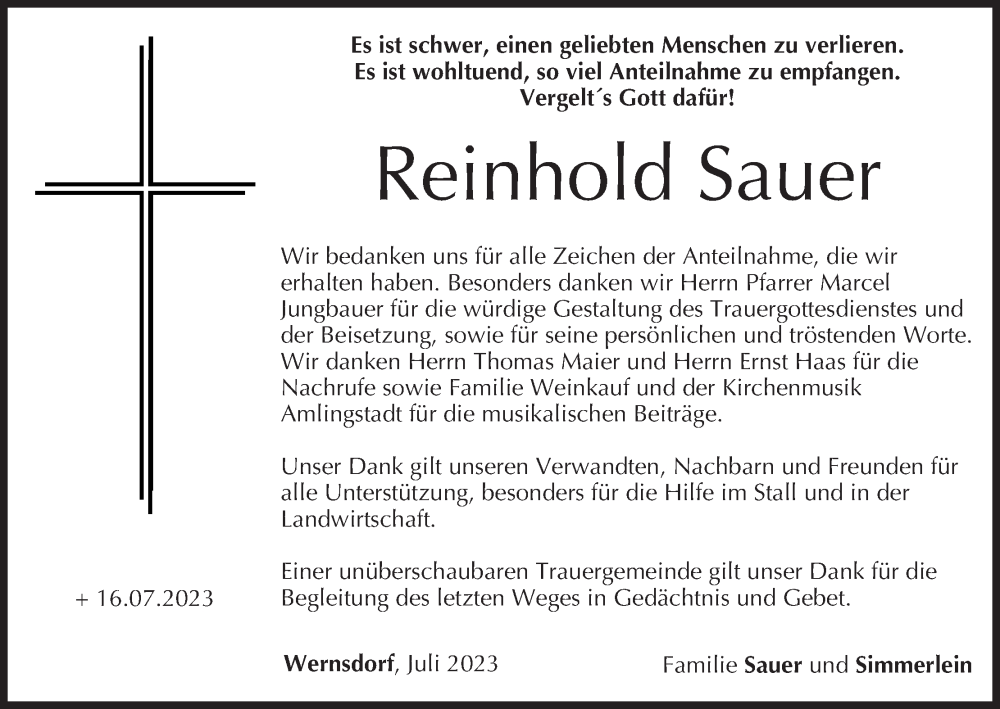  Traueranzeige für Reinhold Sauer vom 29.07.2023 aus MGO