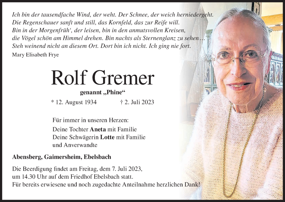  Traueranzeige für Rolf Gremer vom 06.07.2023 aus MGO