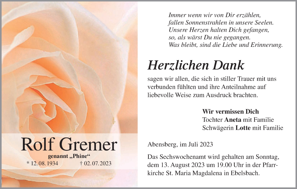  Traueranzeige für Rolf Gremer vom 29.07.2023 aus MGO