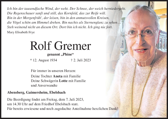 Anzeige von Rolf Gremer von MGO