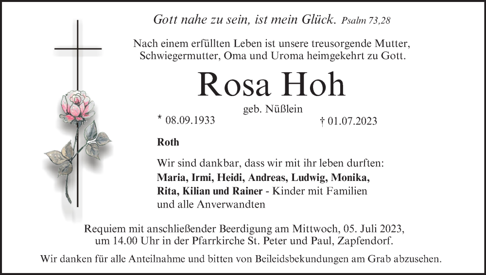  Traueranzeige für Rosa Hoh vom 04.07.2023 aus MGO