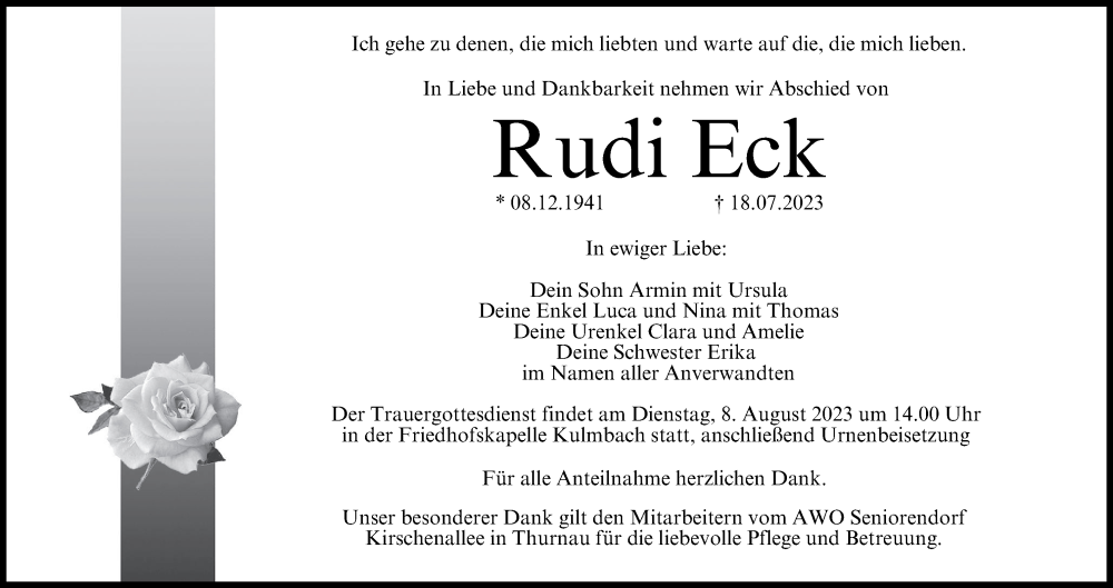  Traueranzeige für Rudi Eck vom 29.07.2023 aus MGO