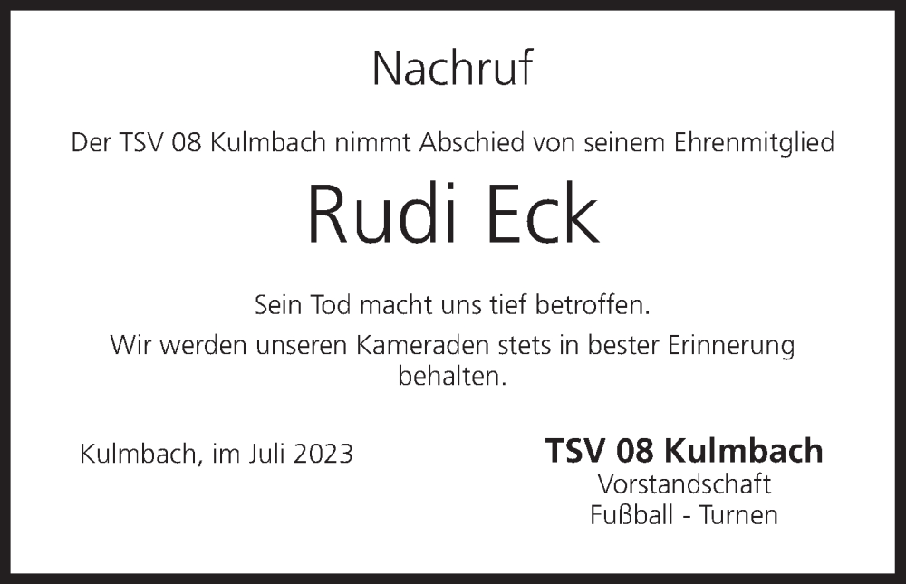  Traueranzeige für Rudi Eck vom 29.07.2023 aus MGO