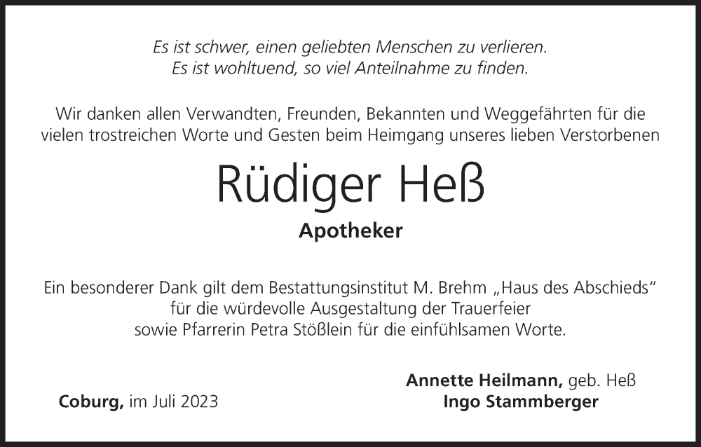 Traueranzeige für Rüdiger Heß vom 15.07.2023 aus MGO