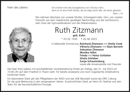Anzeige von Ruth Zitzmann von MGO