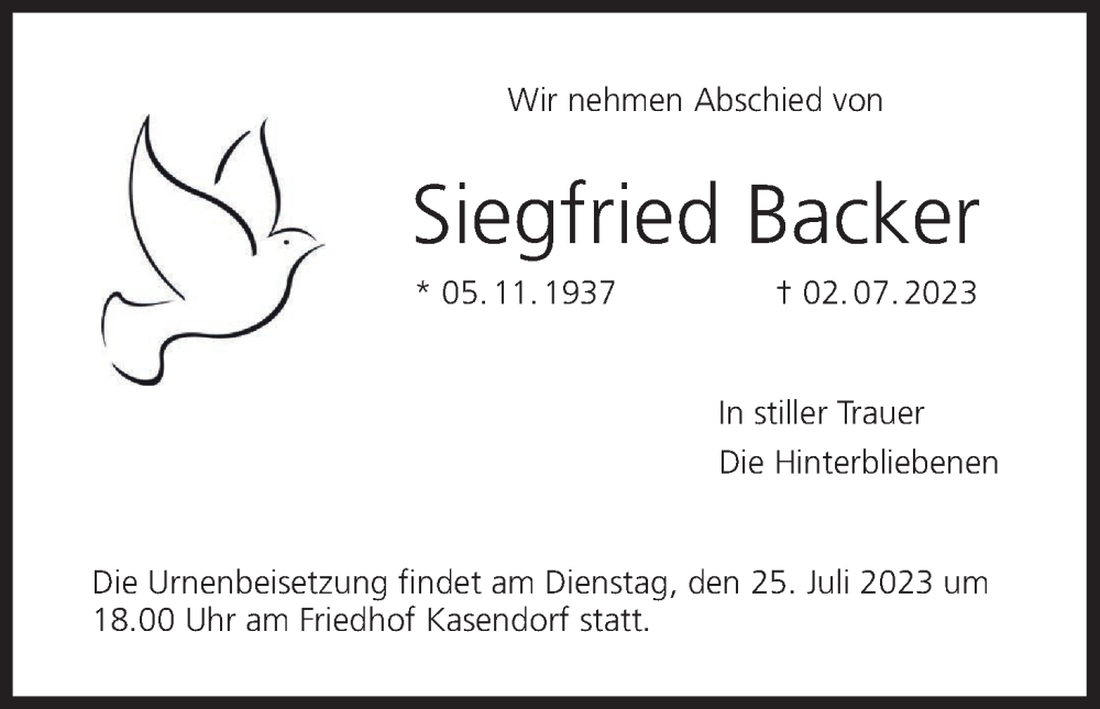  Traueranzeige für Siegfried Backer vom 22.07.2023 aus MGO